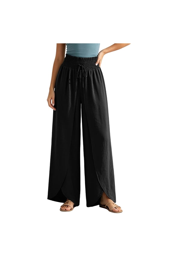 Womens Palazzo Pants Flowy Smocked High Waisted Baggy Trousers Fashion Drawstring Wrap Split Wide Leg Beach Pants(Black,Small)
