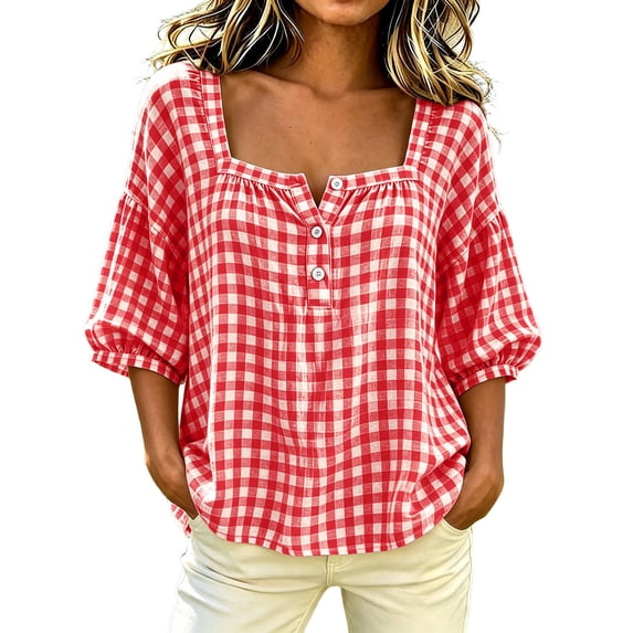 Lenpel Womens Plaid Blouses Button Square Neck 3/4 Puff Sleeve Loose Dressy Shirts Lightweight Comfy Tops Fashion Fall Outfits