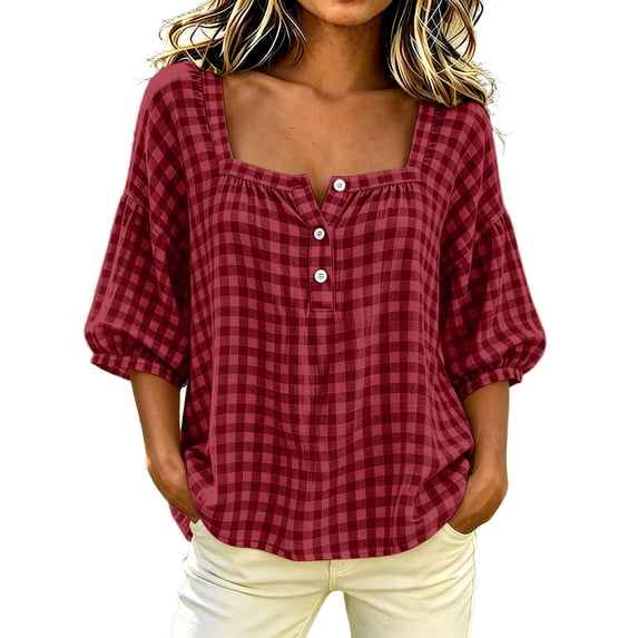 Lenpel Womens Plaid Blouses Button Square Neck 3/4 Puff Sleeve Loose Dressy Shirts Lightweight Comfy Tops Fashion Fall Outfits