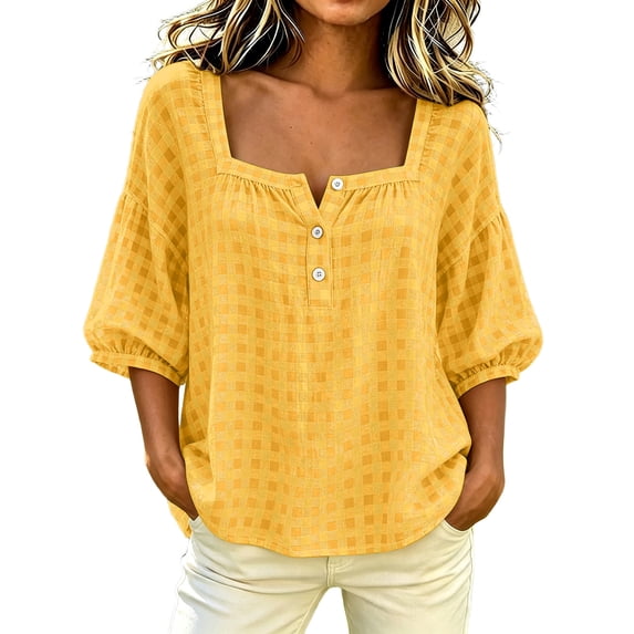 Lenpel Womens Plaid Blouses Button Square Neck 3/4 Puff Sleeve Loose Dressy Shirts Lightweight Comfy Tops Fashion Fall Outfits
