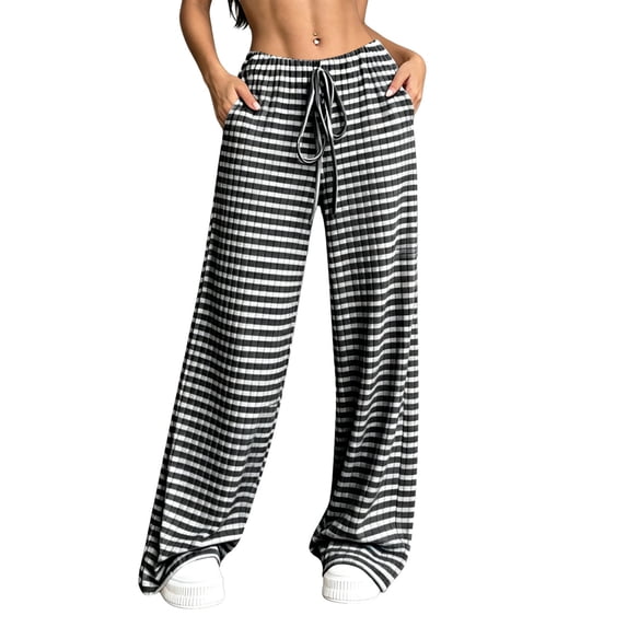 Lenpel Womens Plaid Pants Casual Loose Lightweight Drawstring Elastic Waist Trousers Comfy Wide Leg Lounge Pants