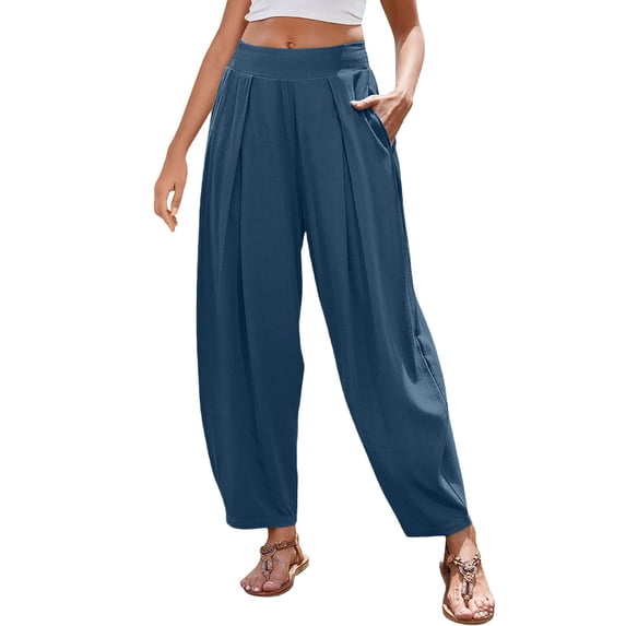 Lenpel Womens Pleated Harem Pants High Waist Wide Leg Baggy Trousers with Pockets Summer Beach Vacation Pants