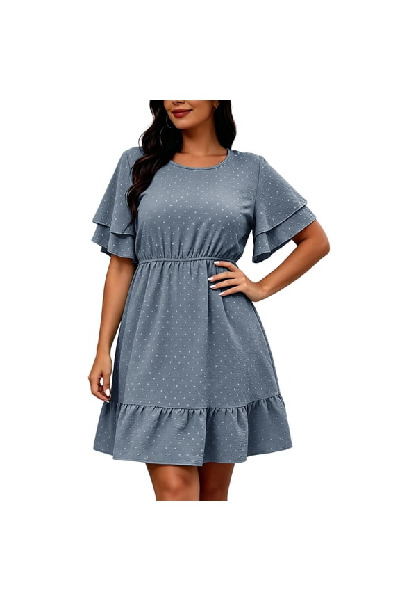 Womens Plus Size Summer Dresses Crew Neck Ruffle Sleeve Dresses Fashion Dot Pattern Elastic Waist Knee Length Dresses