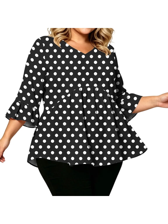 Womens Plus Size Tops V Neck 3/4 Sleeve Ruffle Cuffs Peplum Pullover Casual Dot Pattern Comfy Soft Flowy Blouses(Black,Large)