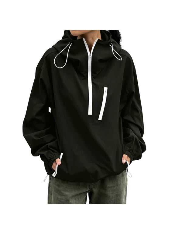 Womens Rain Hooded Jackets Half Zip Drawstring Long Sleeve Windbreaker Jackets with Pockets Casual Loose Outdoor Coats(Black,X-Large)