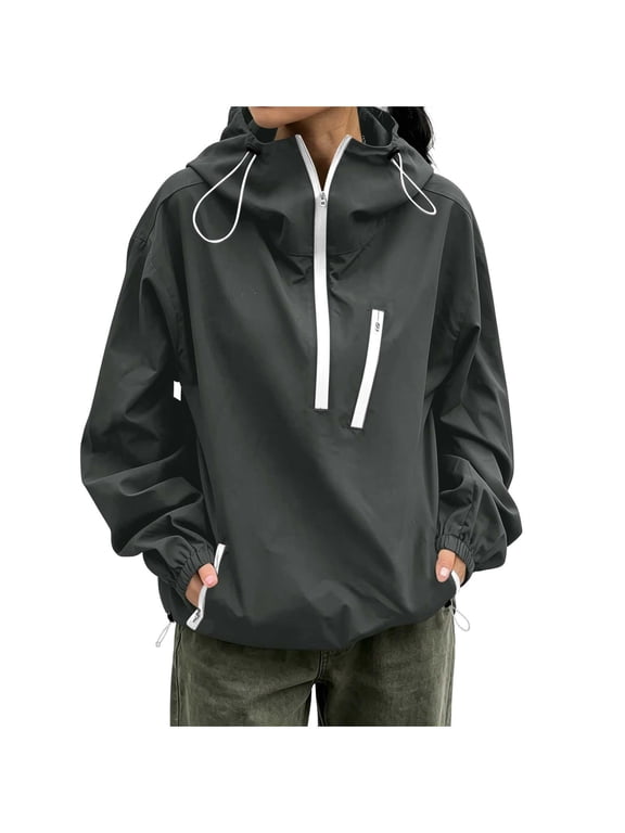 Womens Rain Hooded Jackets Half Zip Drawstring Long Sleeve Windbreaker Jackets with Pockets Casual Loose Outdoor Coats(Gray,X-Large)