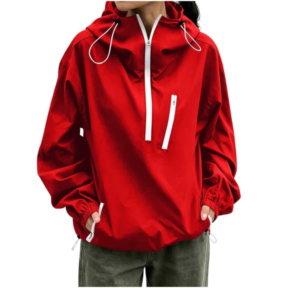 Lenpel Womens Rain Hooded Jackets Half Zip Drawstring Long Sleeve Windbreaker Jackets with Pockets Casual Loose Outdoor Coats(Red,Large)