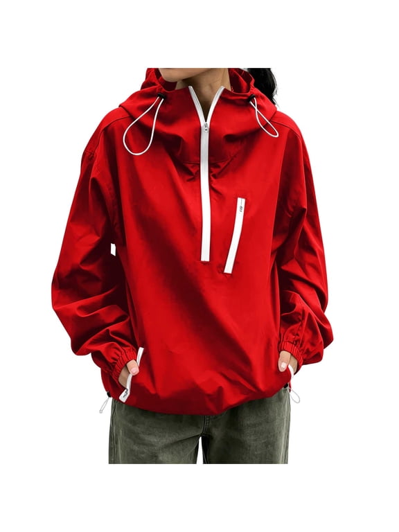 Womens Rain Hooded Jackets Half Zip Drawstring Long Sleeve Windbreaker Jackets with Pockets Casual Loose Outdoor Coats(Red,XX-Large)