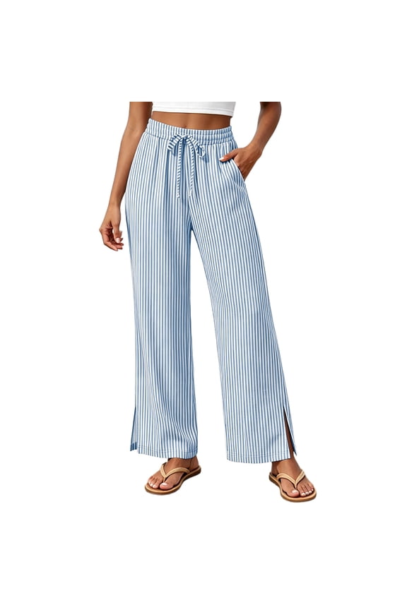 Womens Striped Pants Casual Loose Elastic Waist Wide Leg Trousers Fashion Side Split Summer Beach Clothes
