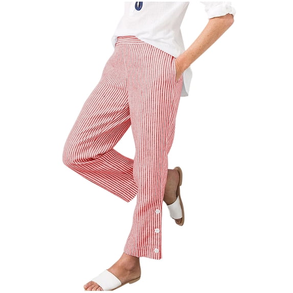 Lenpel Womens Striped Pants Elastic Waist Straight Leg Lounge Trousers Comfy Loose Fashion Button Pants with Pockets
