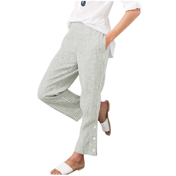 Lenpel Womens Striped Pants Elastic Waist Straight Leg Lounge Trousers Comfy Loose Fashion Button Pants with Pockets