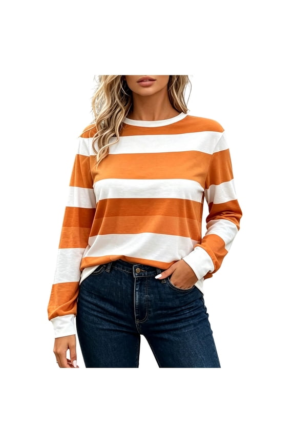 Womens Striped Shirts Fall Long Sleeve Crew Neck Trendy Pullover Tops Comfy Soft Loose Fit Color Block Basic Blouses