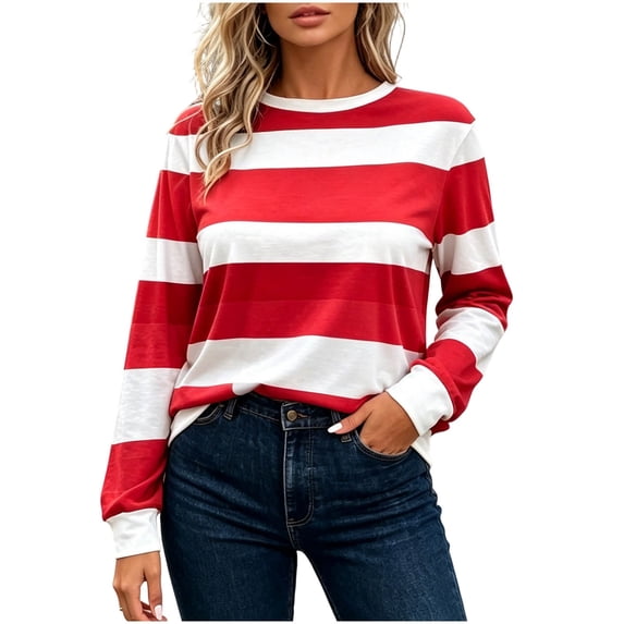 Lenpel Womens Striped Shirts Fall Long Sleeve Crew Neck Trendy Pullover Tops Comfy Soft Loose Fit Color Block Basic Blouses