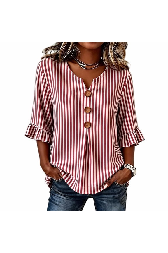 Womens Striped Tops Fashion Button V Neck 3/4 Sleeve Ruffle Cuffs Casual Shirts Comfy Lightweight Blouses Fall Clothes