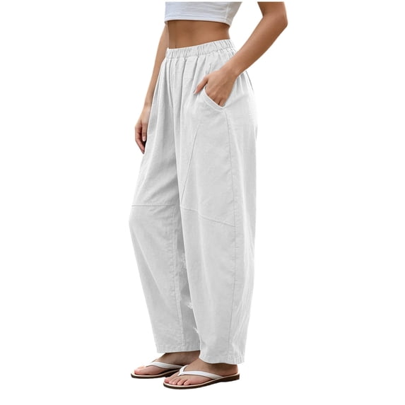 Lenpel Womens Summer Harem Pants High Elastic Waist Wide Leg Lounge Trousers Casual Loose Fit Flowy Slacks