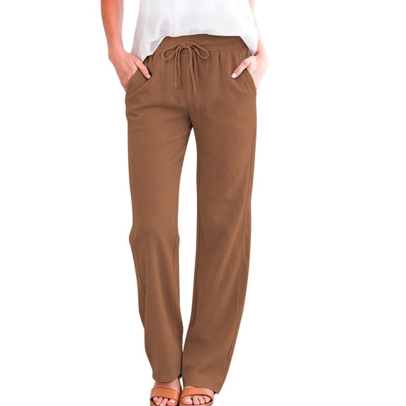 Lenpel Womens Summer Pants Loose Drawstring Elastic Waist Trousers with Pockets Fashion Straight Leg Knit Lounge Pants