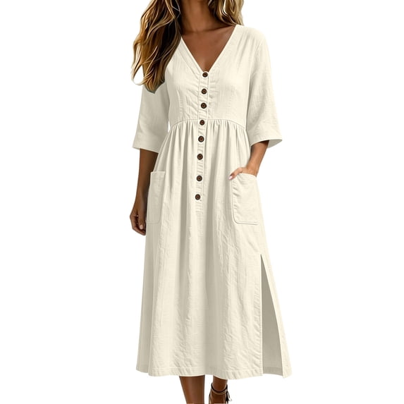 Lenpel Womens Summer T Shirt Dress Casual V Neck 3/4 Sleeve Button Maxi Dresses with Pockets Side Split Lounge Dresses