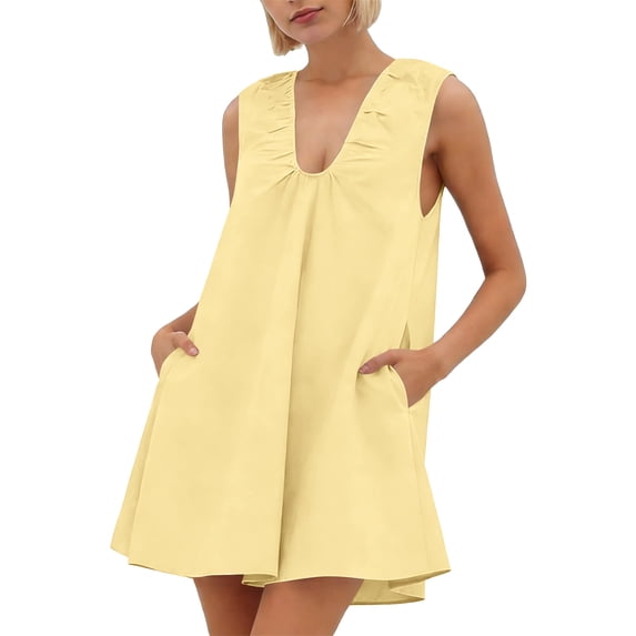 Lenpel Womens Tank Mini Dress Scoop Neck Sleeveless Ruched Dresses with Pockets Loose Fit Short Summer Party Clubwear