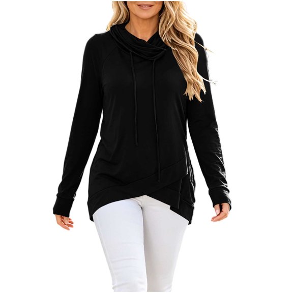 Lenpel Womens Tunic Tops Fall Cowl Neck Long Sleeve Pullovers Fashion Drawstring Sweatshirts Asymmetrical Hem Blouses