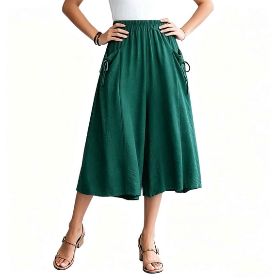 Lenpel Womens Wide Leg Capri Culottes Fashion Pleated Baggy Elastic Waist Cropped Pants with Pockets Flowy Summer Beach Capris