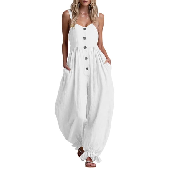 Lenpel Womens Wide Leg Jumpsuits V Neck Sleeveless Fashion Button Baggy Rompers Lightweight Ruffle Harem Pants