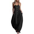 thumbnail image 1 of Lenpel Womens Wide Leg Jumpsuits V Neck Sleeveless Fashion Button Baggy Rompers Lightweight Ruffle Harem Pants, 1 of 5