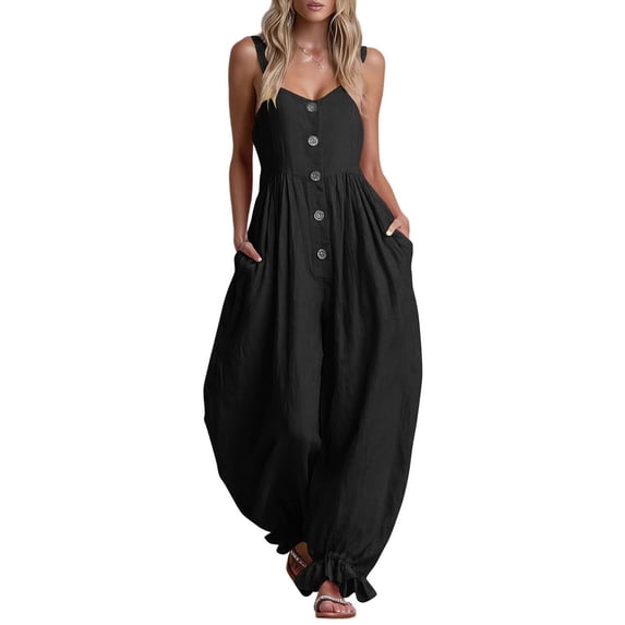 Lenpel Womens Wide Leg Jumpsuits V Neck Sleeveless Fashion Button Baggy Rompers Lightweight Ruffle Harem Pants