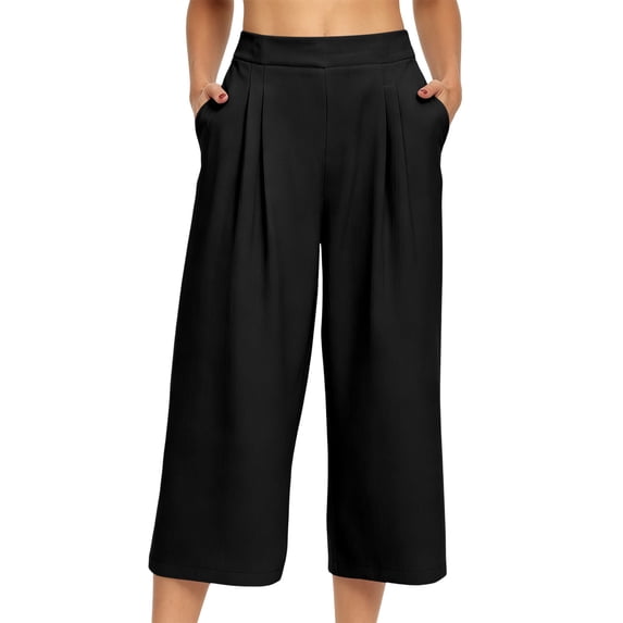 Lenpel Womens Wide Leg Palazzo Capri Pants Pleated High Waist Casual Cropped Trousers Lightweight Lounge Loose Fit Capris
