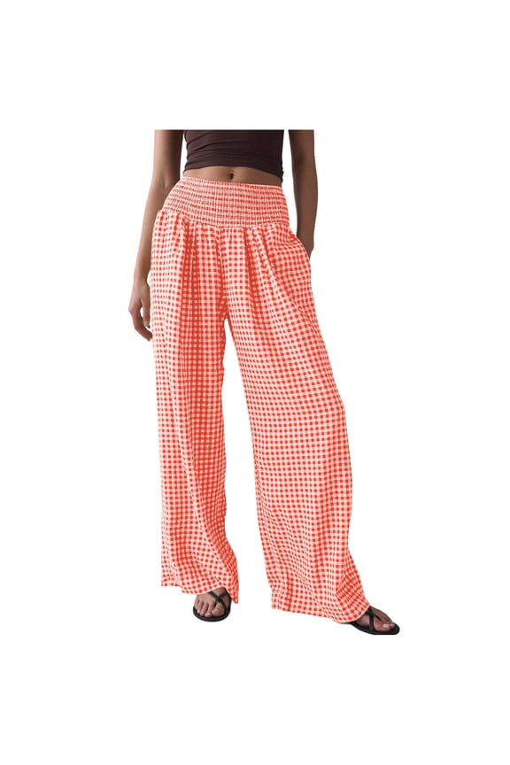 Womens Wide Leg Palazzo Pants Fashion Plaid Smocked High Waist Baggy Trousers Cute Comfy Lounge Pants with Pockets