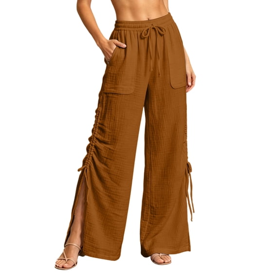 Lenpel Womens Wide Leg Pants Drawstring High Waist Lounge Ruched Trousers Trendy Side Split Beach Outfits with Pockets