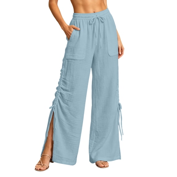 Lenpel Womens Wide Leg Pants Drawstring High Waist Lounge Ruched Trousers Trendy Side Split Beach Outfits with Pockets