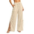 thumbnail image 1 of Lenpel Womens Wide Leg Pants Drawstring High Waist Lounge Ruched Trousers Trendy Side Split Beach Outfits with Pockets, 1 of 5