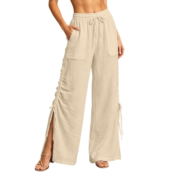 Lenpel Womens Wide Leg Pants Drawstring High Waist Lounge Ruched Trousers Trendy Side Split Beach Outfits with Pockets