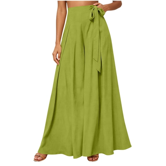 Lenpel Womens Wide Leg Pants Fashion Pleated Tie Front High Waist Palazzo Culottes Casual Beach Vacation Outfits