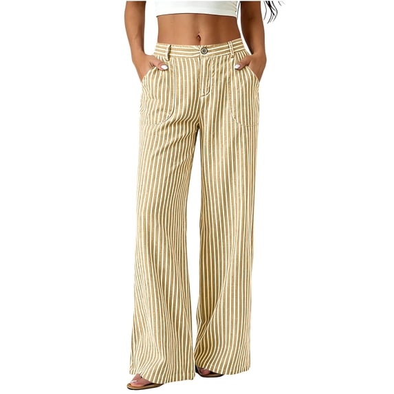 Lenpel Womens Wide Leg Striped Pants Fashion Button Trousers with Pockets Casual Business Straight Leg Slacks