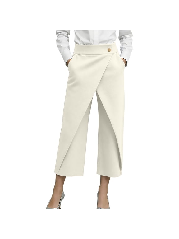 Womens Work Capri Pants Lounge High Waist Wrap Front Button Cropped Trousers Wide Leg Business Casual Capri Slacks