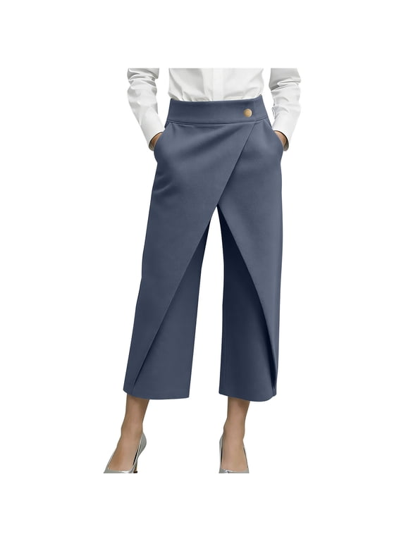 Womens Work Capri Pants Lounge High Waist Wrap Front Button Cropped Trousers Wide Leg Business Casual Capri Slacks