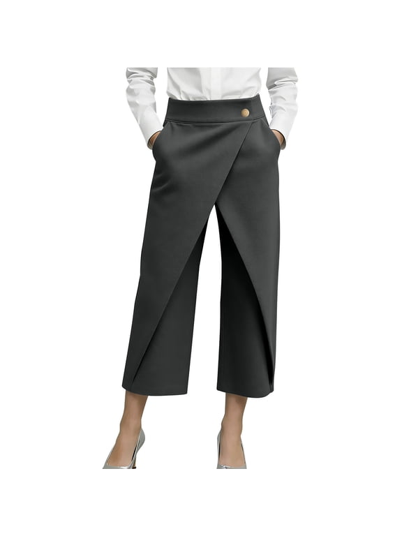 Womens Work Capri Pants Lounge High Waist Wrap Front Button Cropped Trousers Wide Leg Business Casual Capri Slacks