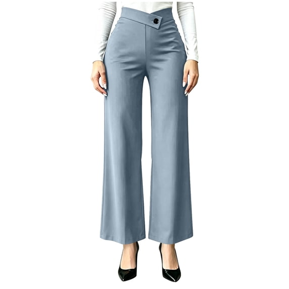 Lenpel Womens Work Pants Fashion Lounge Button High Waist Crossover Trousers Stretch Straight Leg Business Dress Slacks