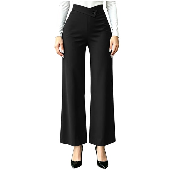 Lenpel Womens Work Pants Fashion Lounge Button High Waist Crossover Trousers Stretch Straight Leg Business Dress Slacks
