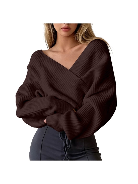 Womens Wrap V Neck Sweaters Elegant Balloon Long Sleeve Cropped Knitted Shirts Warm Solid Color Pullover Tops(Coffee,X-Large)