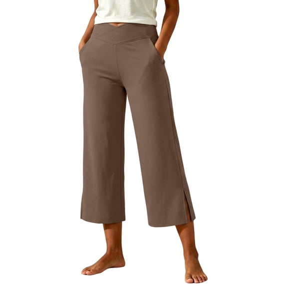 Lenpel Womens Yoga Capri Pants Summer Wide Leg Elastic Waist Cropped Pants Fashion Side Slit Workout Capris