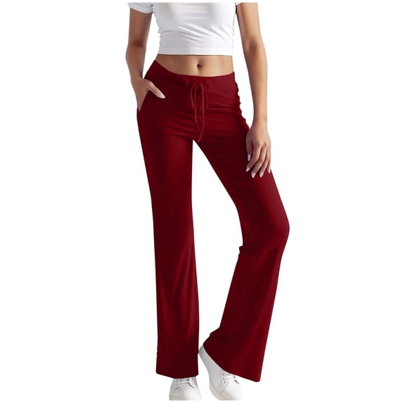 Lenpel Womens Yoga Pants Stretch High Waisted Flared Leggings with Pockets Fashion Drawstring Solid Color Bootcut Pants