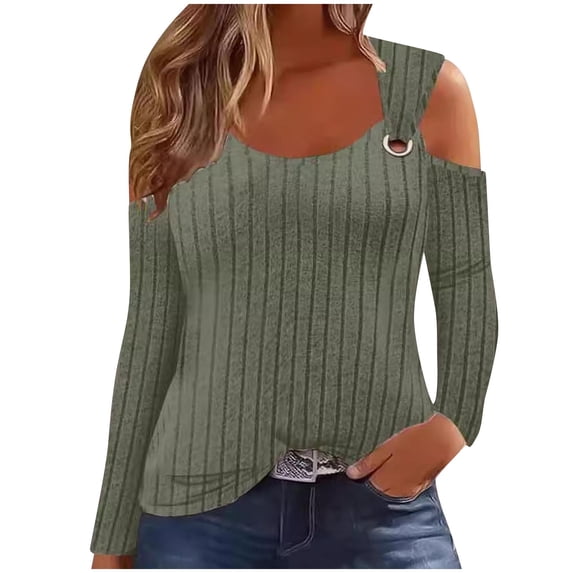 Lenpel Womne's Cold Should Tops Long Sleeve Scoop Neck Textured T Shirts Fall Fashion Tunic Blouses