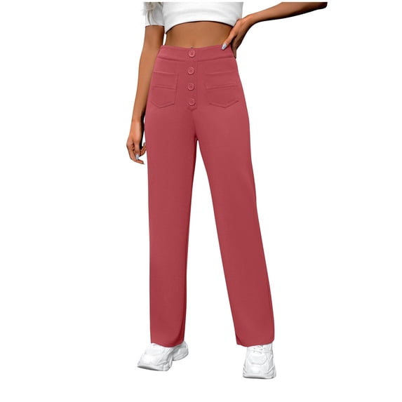 Lenpel Work Pants for Women High Waisted Button Front Straight Leg Lounge Dress Pants Business Casual Trousers with Pockets(Red,X-Large)