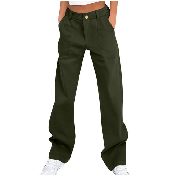 Lenpel Work Pants for Women Loose High Waisted Straight Leg Twill Pants Business Casual Trousers with Pockets(Army Green,X-Large)