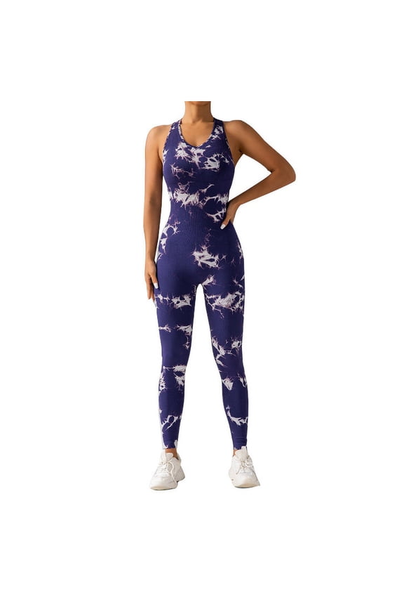 Workout Jumpsuits for Women Sleeveless Tie Dye Backless Slimming Yoga Romper Seamless Athletic Overalls