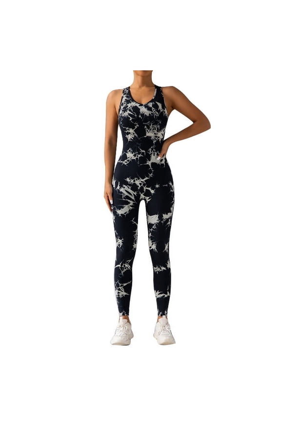 Workout Jumpsuits for Women Sleeveless Tie Dye Backless Slimming Yoga Romper Seamless Athletic Overalls