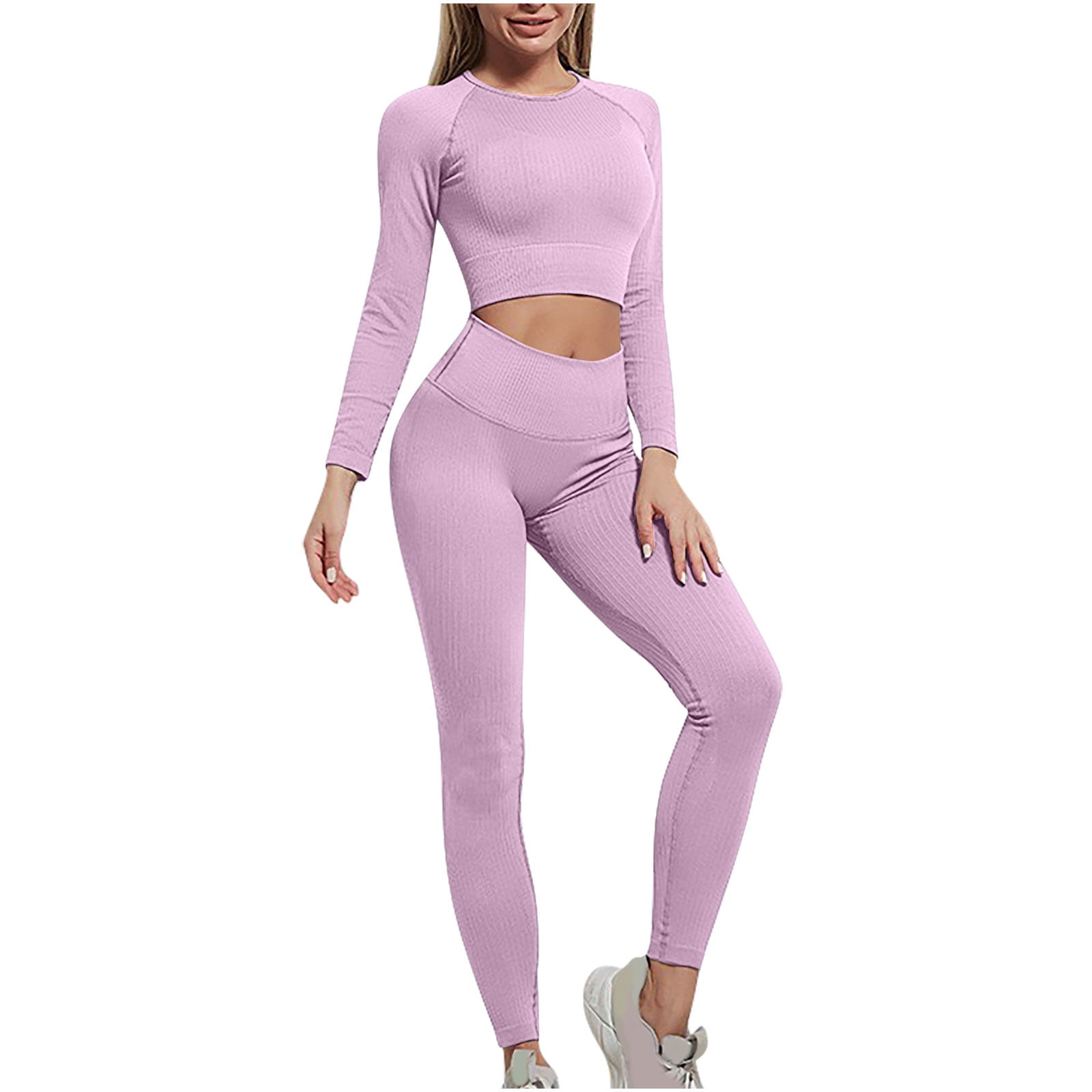 Lenpel Workout Sets for Women 2 Piece Long Sleeve Crew Neck Crop