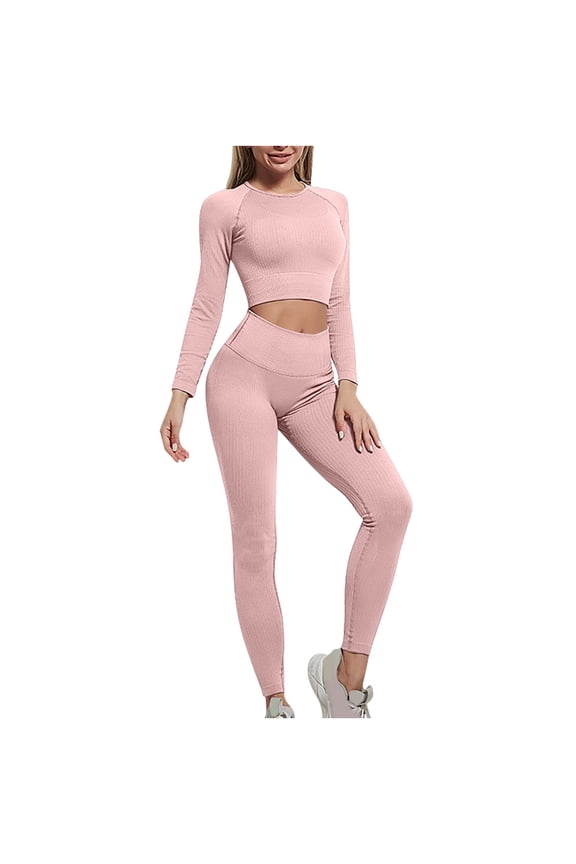 Workout Sets for Women 2 Piece Long Sleeve Crew Neck Crop Slim Top High Waisted Leggings Athletic Yoga Outfits